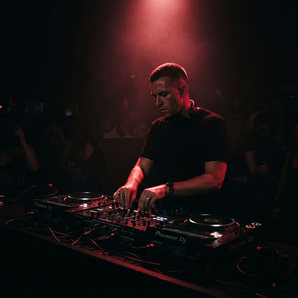 DIROS performing behind the decks in a dark club lit with red light